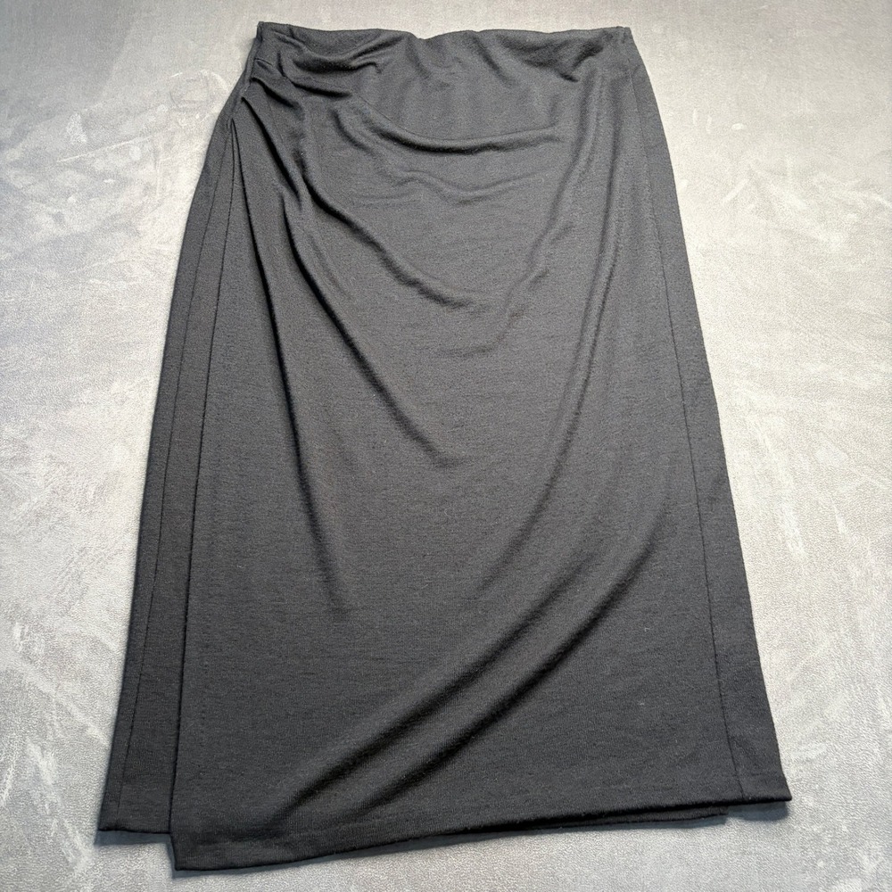 Vince Midi Skirt Womens Sz L Black Knit Draped Faux Wrap Quiet Luxury Minimalist